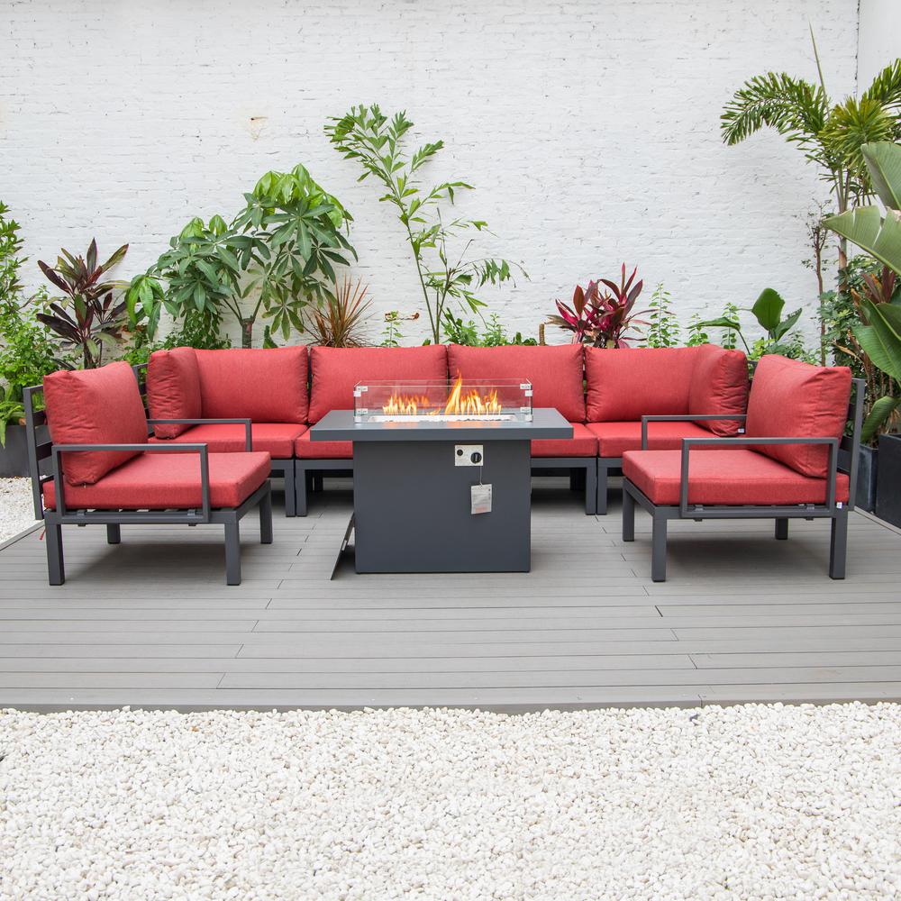 LeisureMod Hamilton 7-Piece Aluminum Patio Conversation Set With Fire Pit Table And Cushions Red. Picture 2