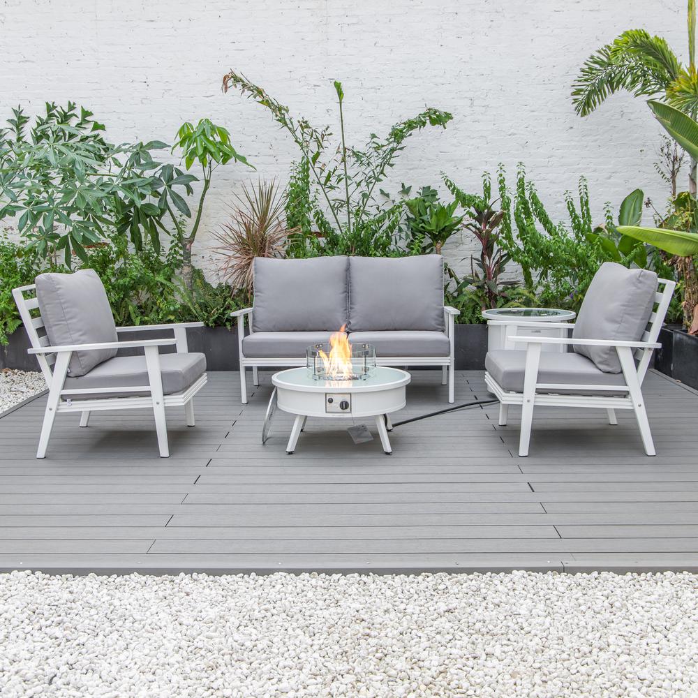 LeisureMod Walbrooke Modern White Patio Conversation With Round Fire Pit & Tank Holder, Grey. Picture 6