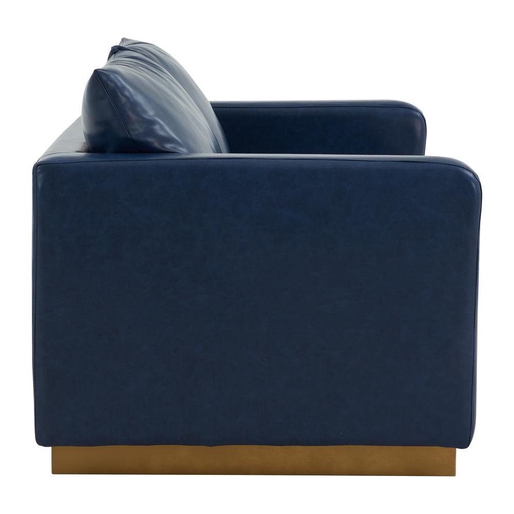 LeisureMod Nervo Modern Mid-Century Upholstered Leather Loveseat with Gold Frame, Navy Blue. Picture 4