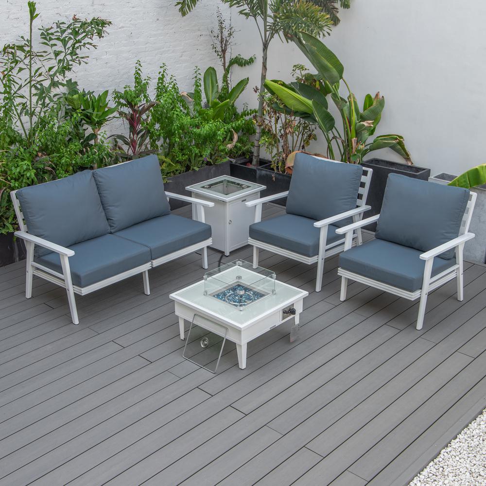 LeisureMod Walbrooke Modern White Patio Conversation With Square Fire Pit & Tank Holder, Navy Blue. Picture 6