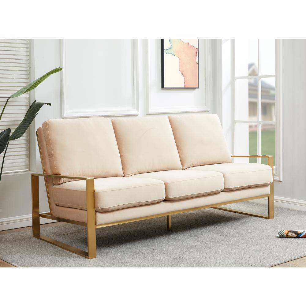 LeisureMod Jefferson Contemporary Modern Design Velvet Sofa With Gold Frame., Beige. Picture 3