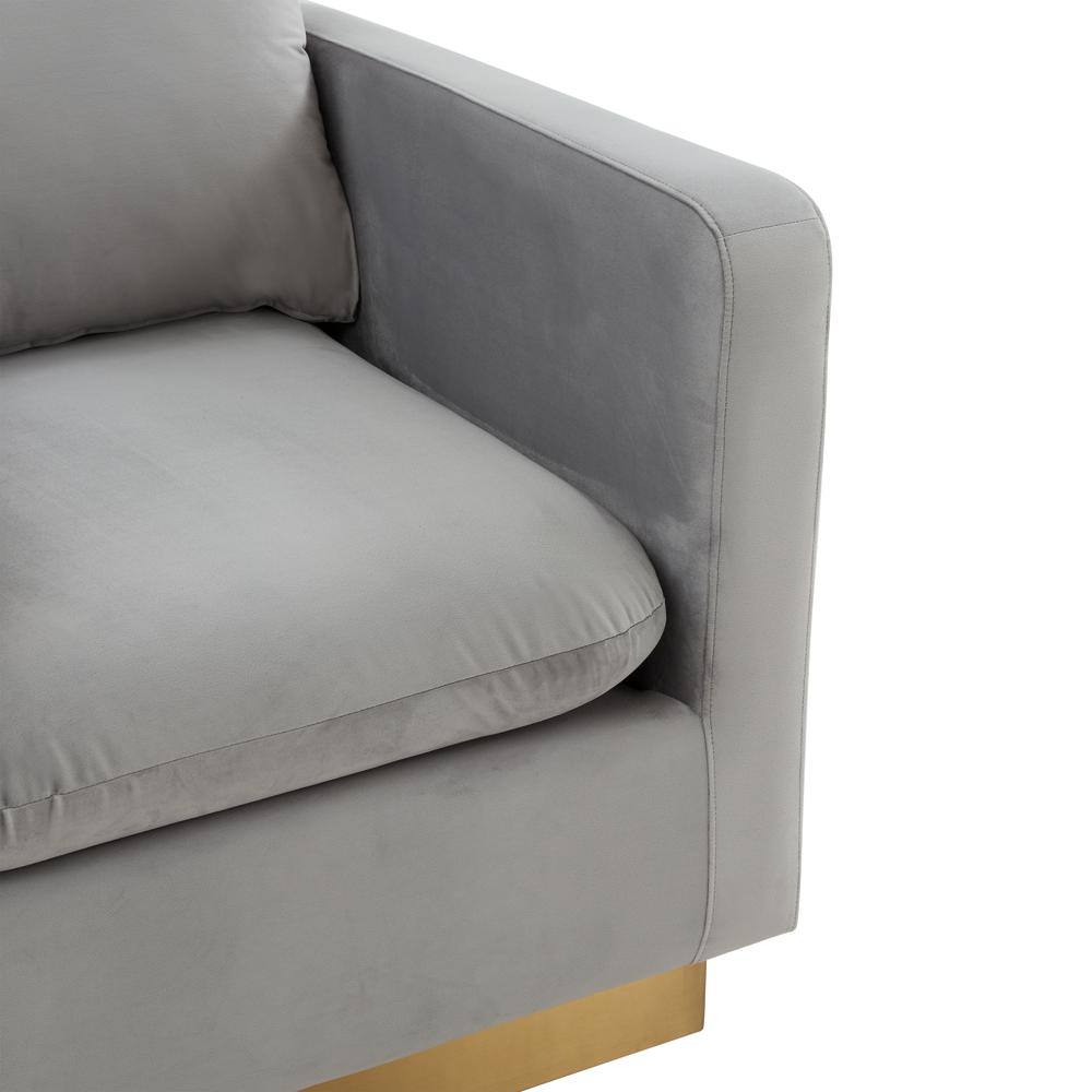 LeisureMod Nervo Velvet Accent Armchair With Gold Frame, Light Grey. Picture 5