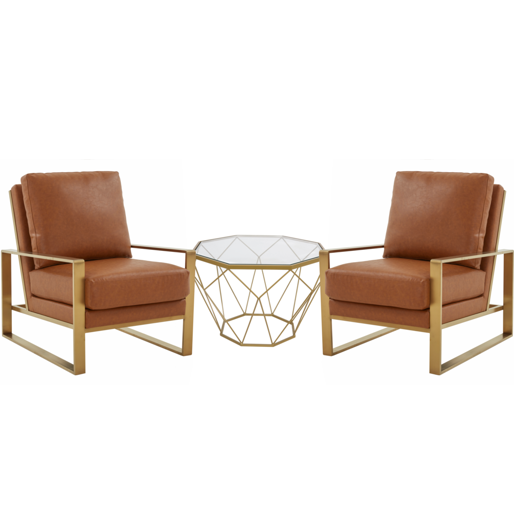 Leather Armchair with Gold Frame and Octagon Coffee Table with Geometric Base. Picture 1
