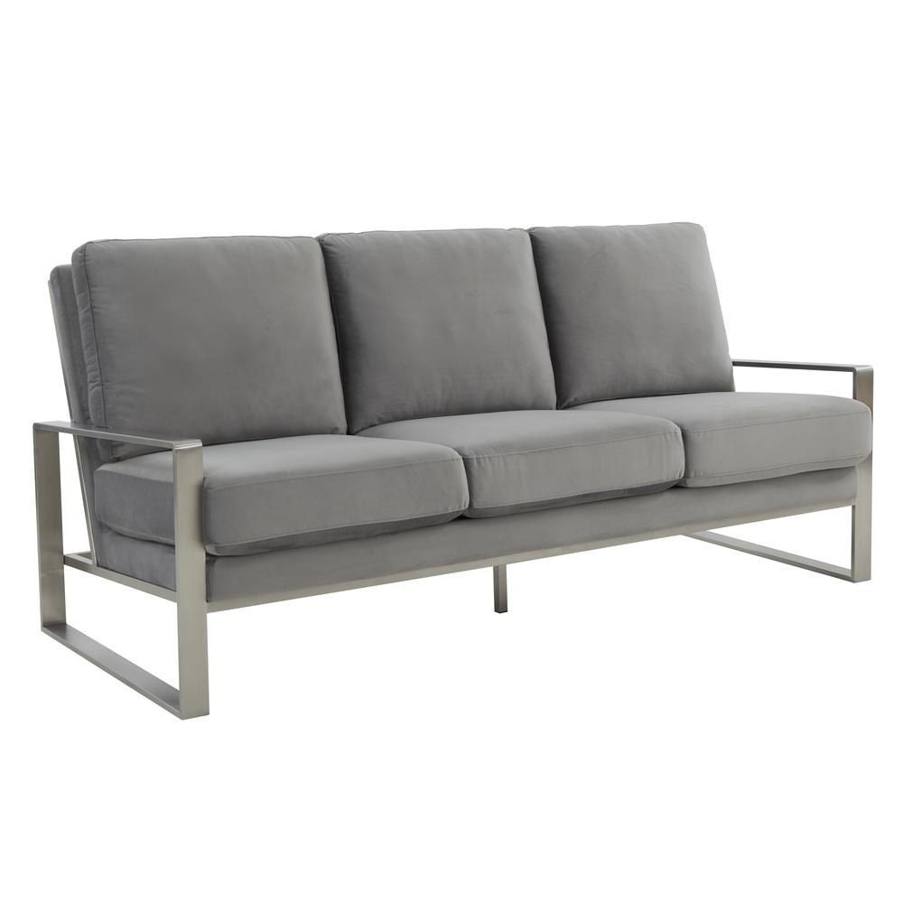 LeisureMod Jefferson Contemporary Modern Design Velvet Sofa With Silver Frame, Light Grey. Picture 1