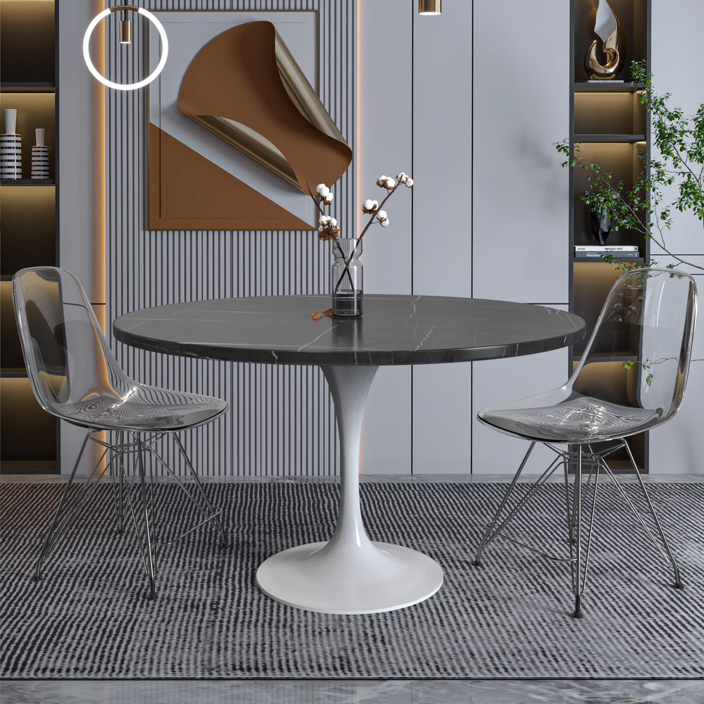 Verve Collection 48 Round Dining Table, White Base with Sintered Stone Black Top. Picture 6