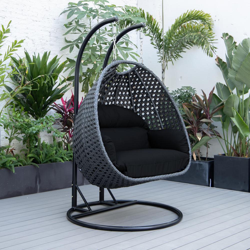 LeisureMod MendozaWicker Hanging 2 person Egg Swing Chair in Black. Picture 2