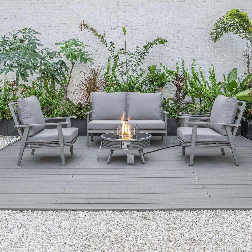 LeisureMod Walbrooke Modern Grey Patio Conversation With Round Fire Pit With Slats Design & Tank Holder, Grey. Picture 8