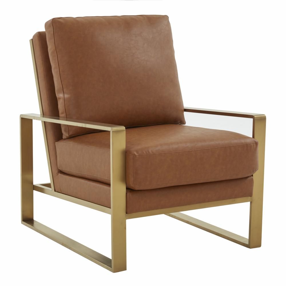 LeisureMod Jefferson Leather Modern Design Accent Armchair With Elegant Gold Frame, Cognac Tan. Picture 1