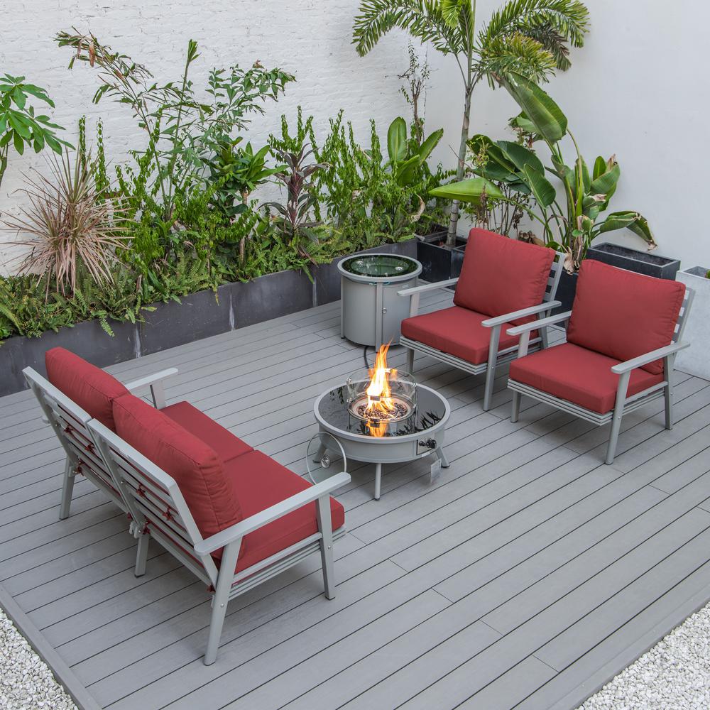 LeisureMod Walbrooke Modern Grey Patio Conversation With Round Fire Pit & Tank Holder, Red. Picture 8