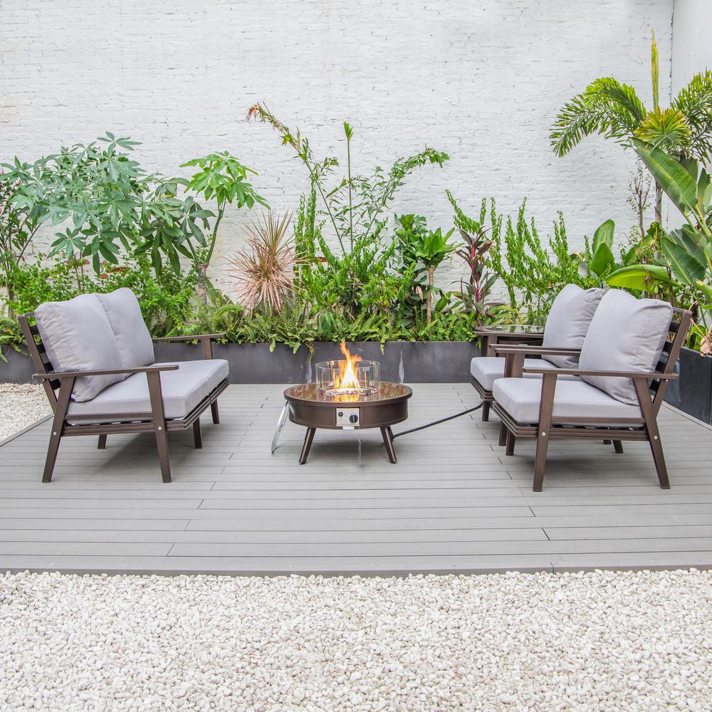 LeisureMod Walbrooke Modern Brown Patio Conversation With Round Fire Pit & Tank Holder, Grey. Picture 9