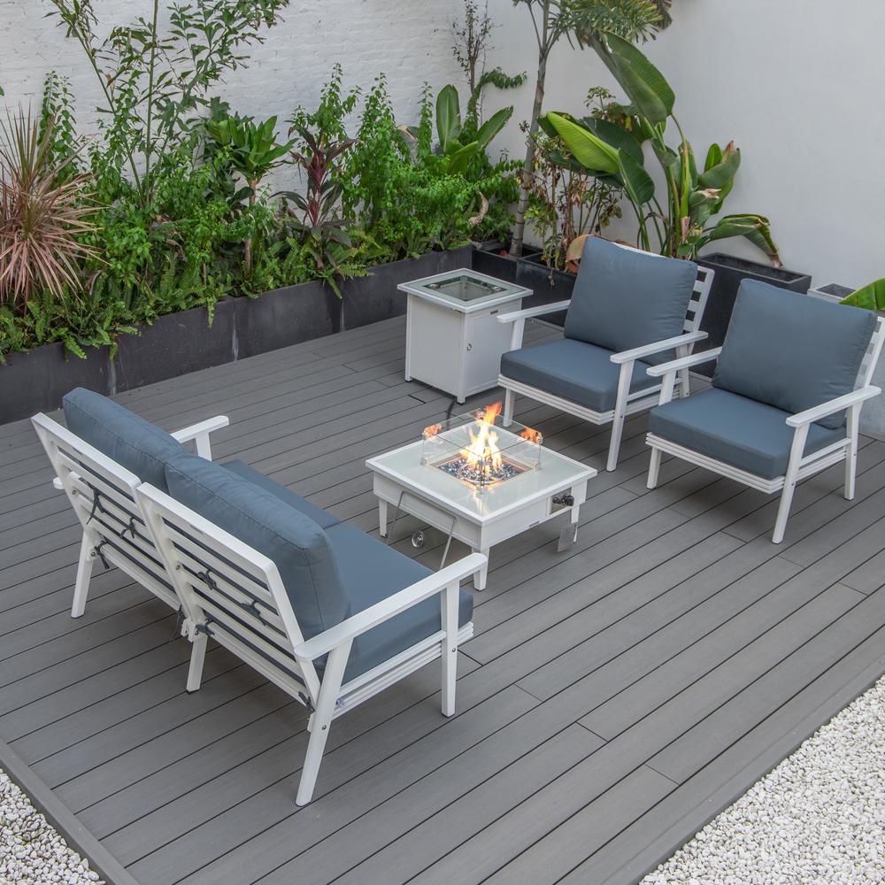 LeisureMod Walbrooke Modern White Patio Conversation With Square Fire Pit & Tank Holder, Navy Blue. Picture 7