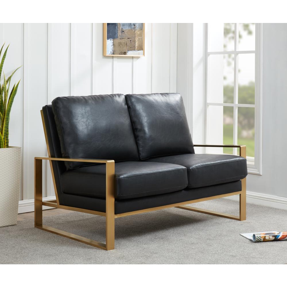 Jefferson - Leather Loveseat - Gold Frame - Black. Picture 2