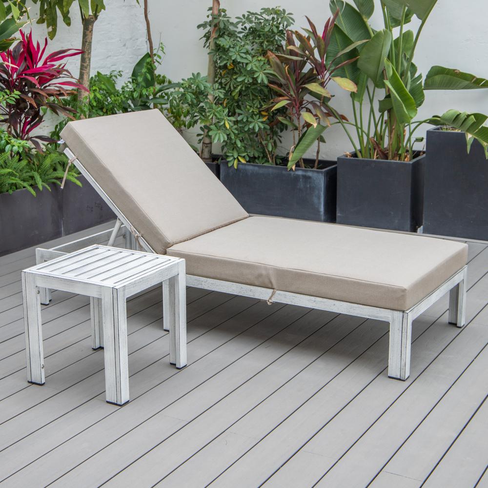 Outdoor Weathered Grey Chaise Lounge Chair With Side Table & Cushions. Picture 5