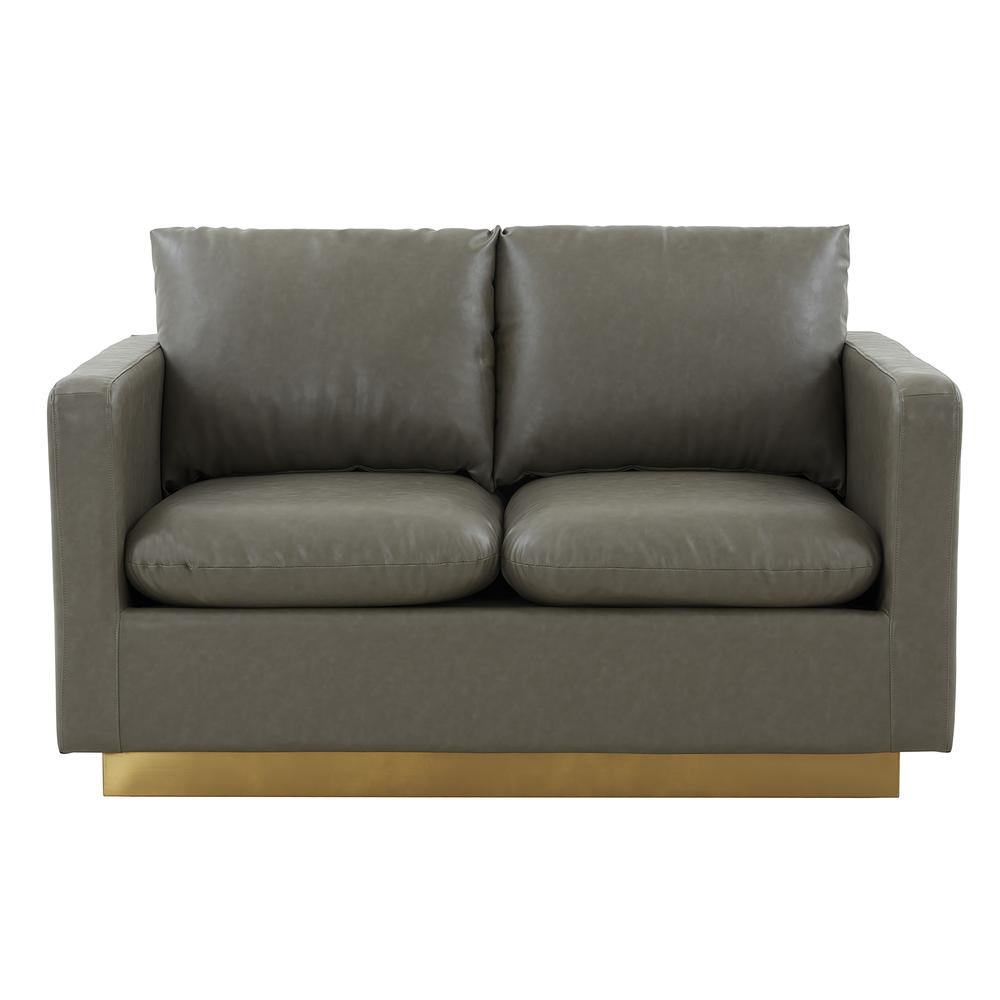 LeisureMod Nervo Modern Mid-Century Upholstered Leather Loveseat with Gold Frame, Grey. Picture 3