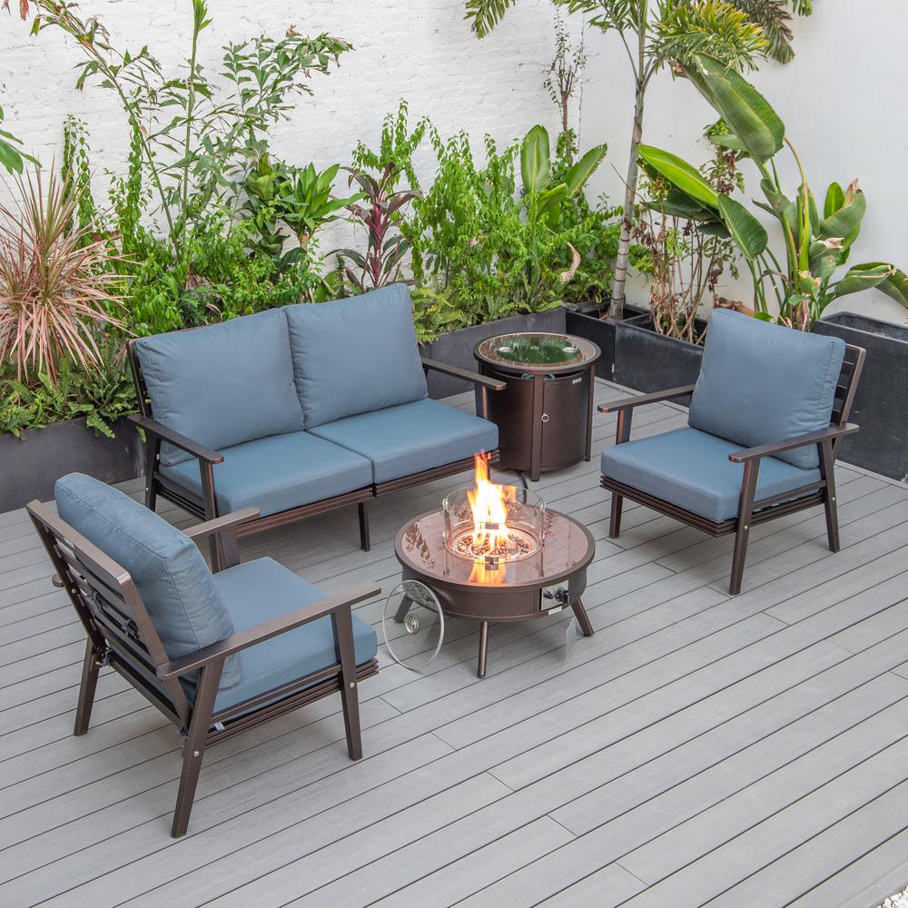 LeisureMod Walbrooke Modern Brown Patio Conversation With Round Fire Pit & Tank Holder, Navy Blue. Picture 1