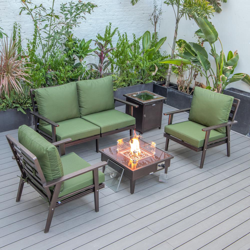 LeisureMod Walbrooke Modern Brown Patio Conversation With Square Fire Pit & Tank Holder, Green. Picture 1