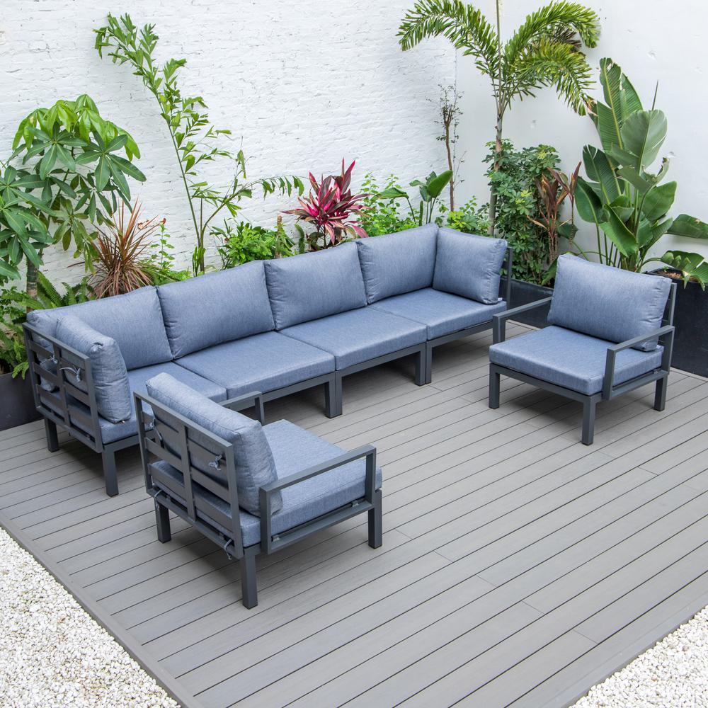 LeisureMod Hamilton 6-Piece Aluminum Patio Conversation Set With Cushions Charcoal Blue. Picture 2