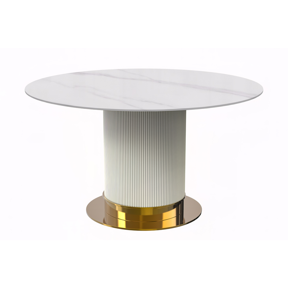 Round Dining Table White\Gold Base with 60 Round Solid White Sintered Stone Top. Picture 1