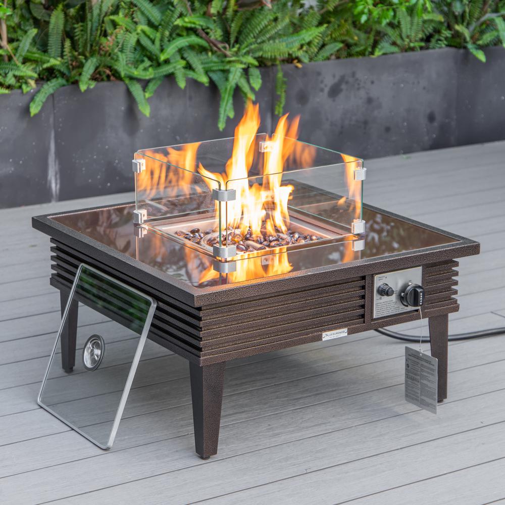 LeisureMod Walbrooke Modern Brown Patio Conversation With Square Fire Pit With Slats Design & Tank Holder, Red. Picture 4