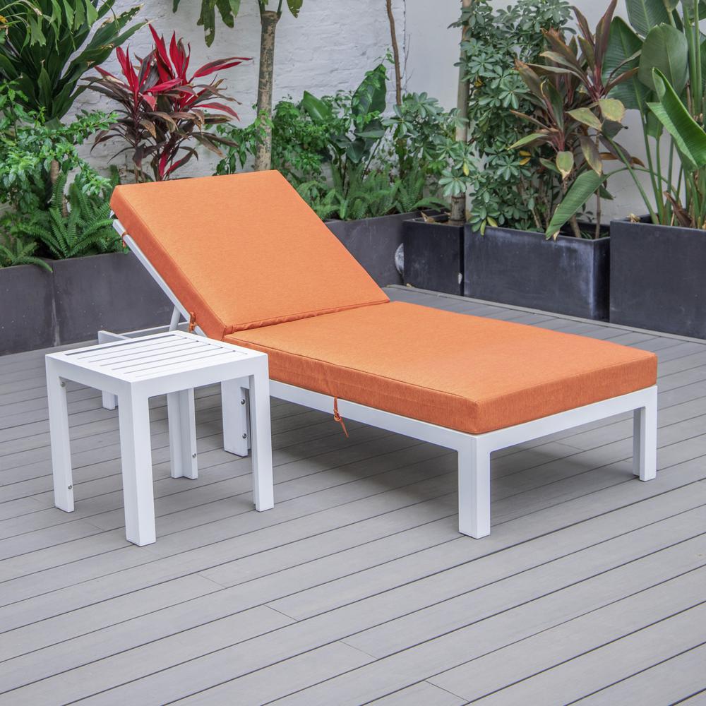 LeisureMod Chelsea Modern Outdoor White Chaise Lounge Chair With Side Table & Cushions Orange. Picture 4