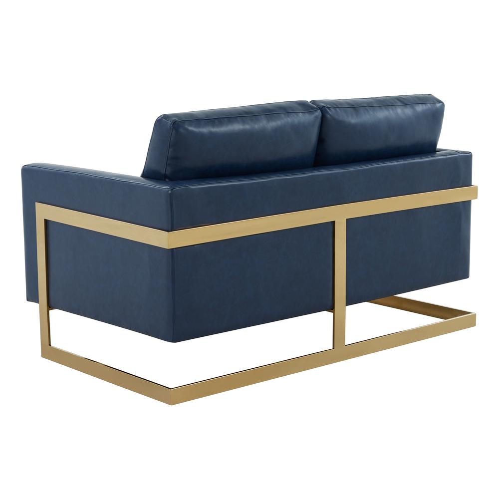 LeisureMod Lincoln Modern Mid-Century Upholstered Leather Loveseat with Gold Frame, Navy Blue. Picture 5