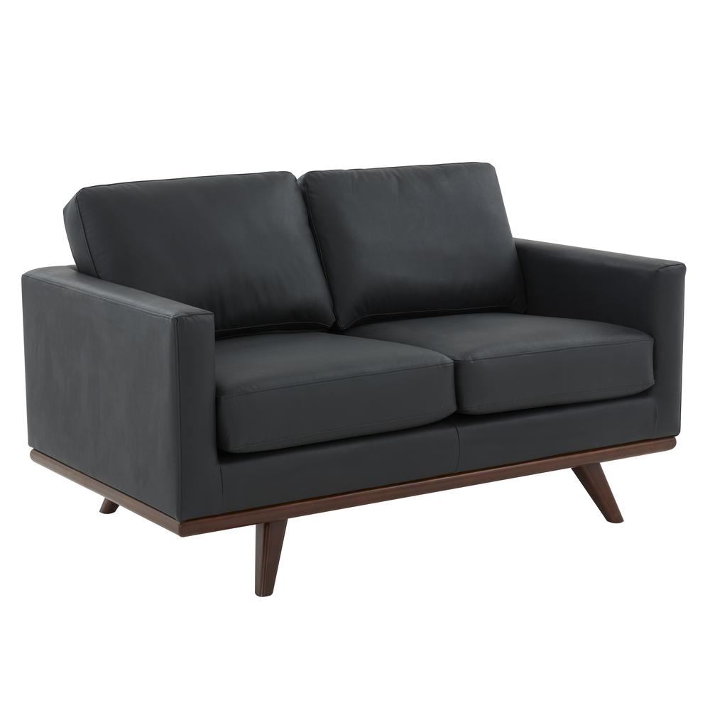 LeisureMod Chester Modern Leather Loveseat With Birch Wood Base, Black. Picture 1
