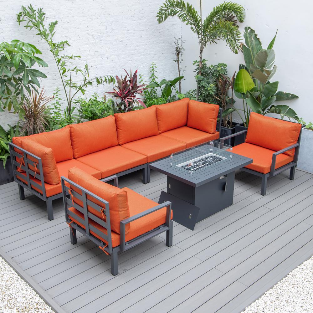 LeisureMod Hamilton 7-Piece Aluminum Patio Conversation Set With Fire Pit Table And Cushions Orange. Picture 3