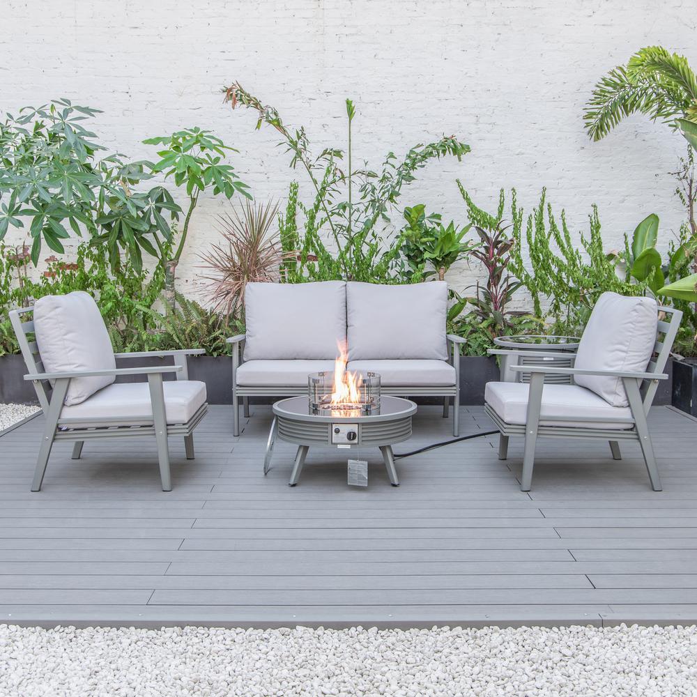 LeisureMod Walbrooke Modern Grey Patio Conversation With Round Fire Pit With Slats Design & Tank Holder, Light Grey. Picture 7