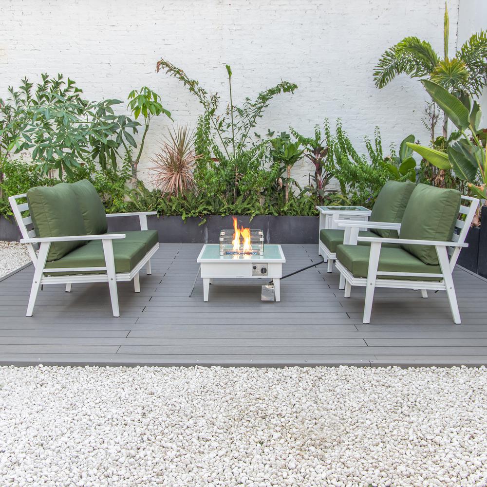 LeisureMod Walbrooke Modern White Patio Conversation With Square Fire Pit & Tank Holder, Green. Picture 9