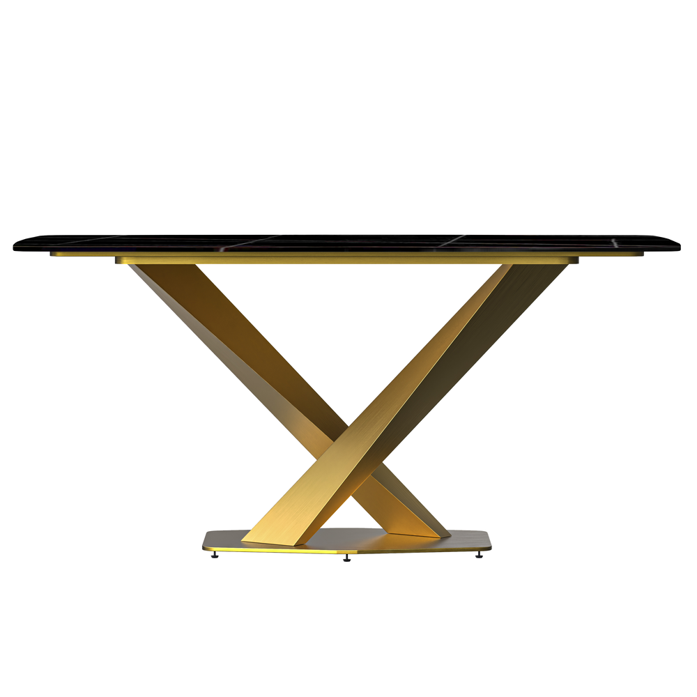 Modern Dining Table Gold Base, With 55" Black/Gold Sintered Stone Top. Picture 4