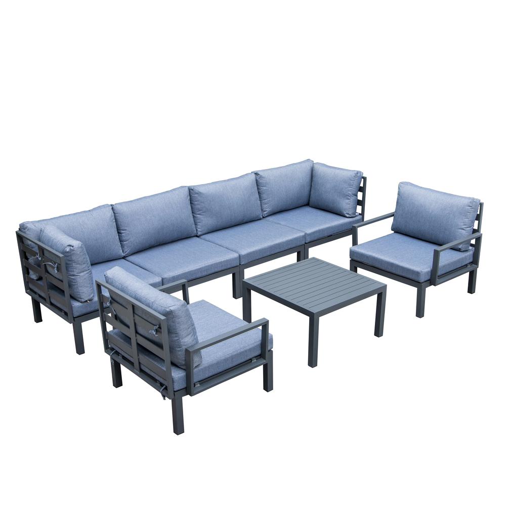 LeisureMod Hamilton 7-Piece Aluminum Patio Conversation Set With Coffee Table And Cushions Charcoal Blue. Picture 1