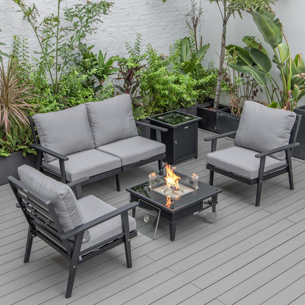 LeisureMod Walbrooke Modern Black Patio Conversation With Square Fire Pit With Slats Design & Tank Holder, Grey. Picture 1