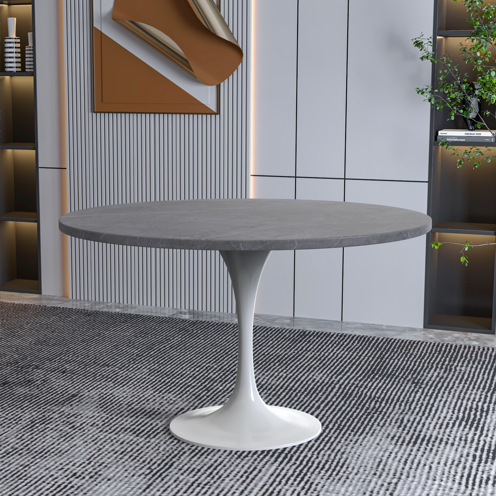 Verve Collection 48 Round Dining Table, White Base with Sintered Stone Grey Top. Picture 6