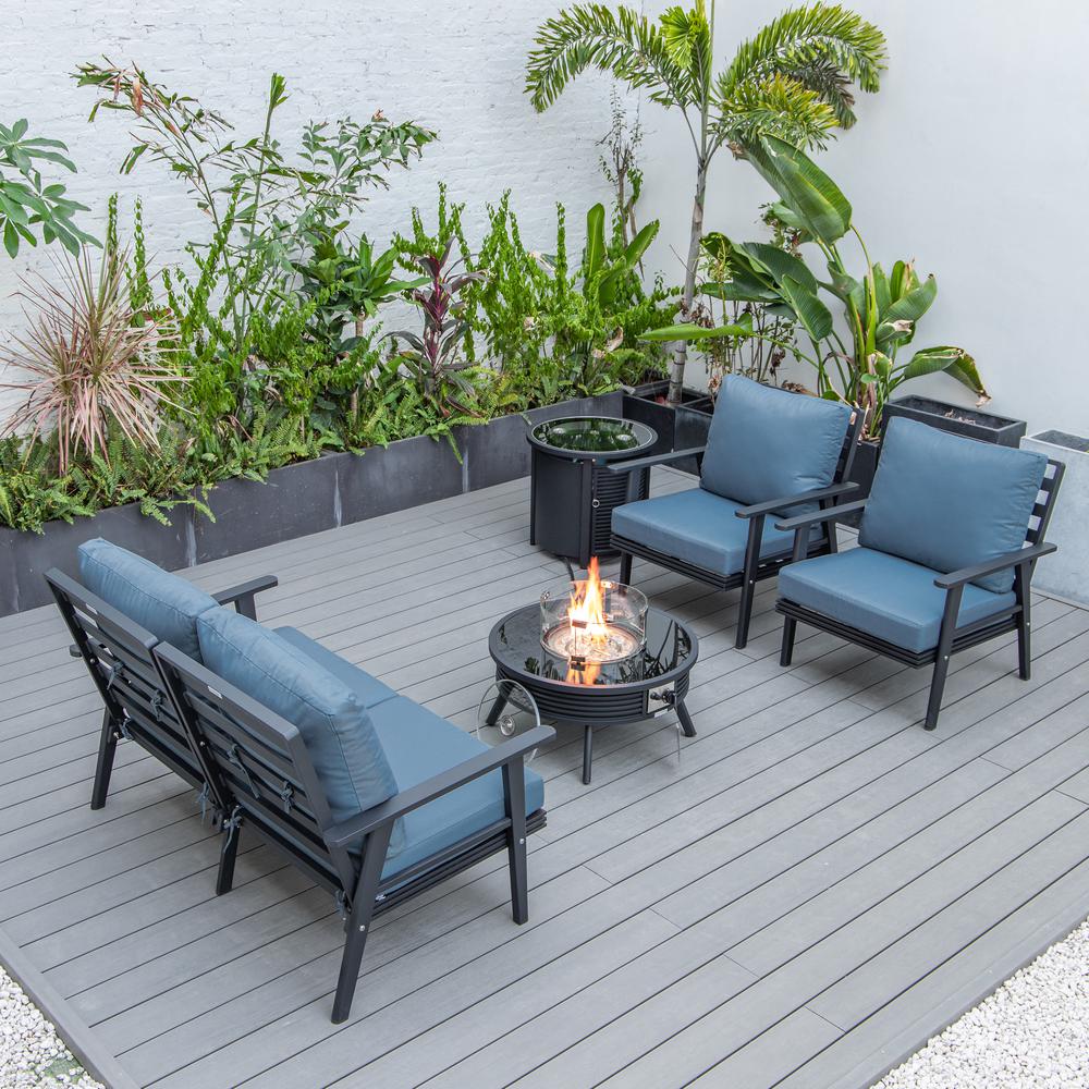 LeisureMod Walbrooke Modern Black Patio Conversation With Round Fire Pit With Slats Design & Tank Holder, Navy Blue. Picture 7
