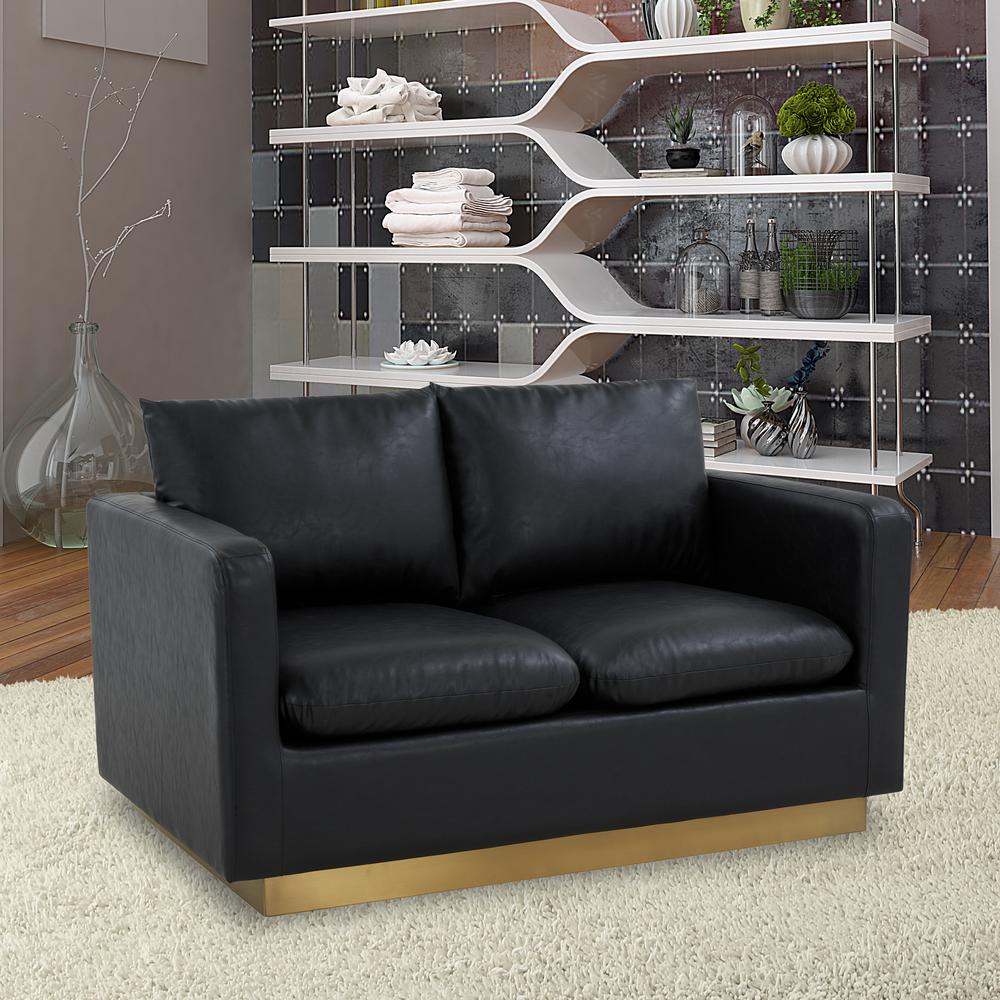 LeisureMod Nervo Modern Mid-Century Upholstered Leather Loveseat with Gold Frame, Black. Picture 5