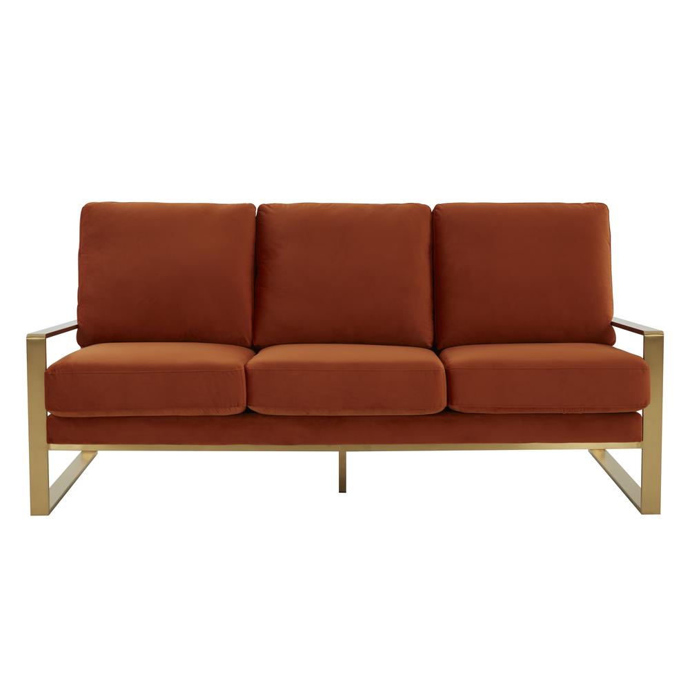 LeisureMod Jefferson Contemporary Modern Design Velvet Sofa With Gold Frame., Orange. Picture 7