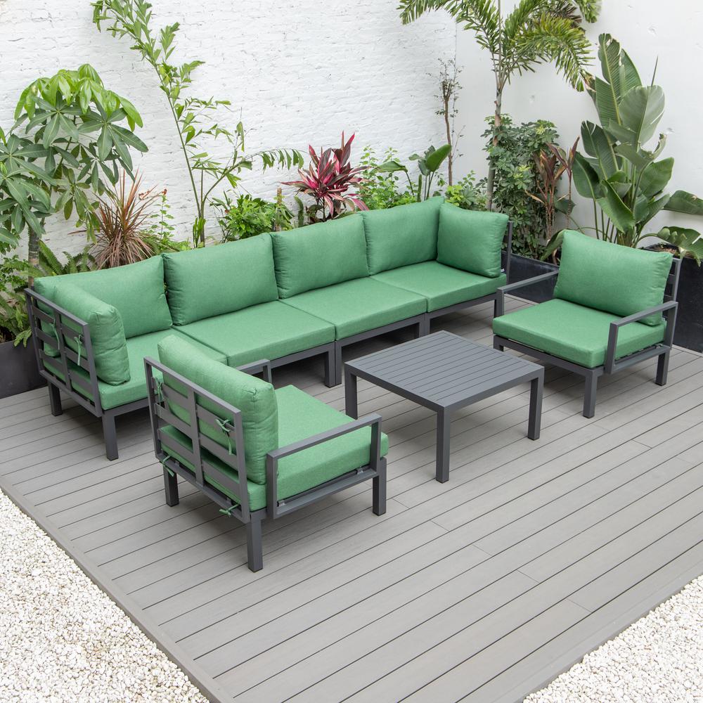 LeisureMod Hamilton 7-Piece Aluminum Patio Conversation Set With Coffee Table And Cushions Green. Picture 2