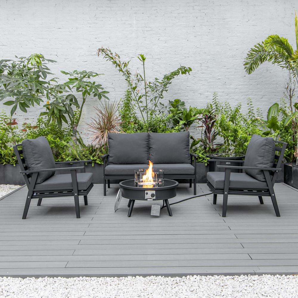 LeisureMod Walbrooke Modern Black Patio Conversation With Round Fire Pit & Tank Holder, Charcoal. Picture 7