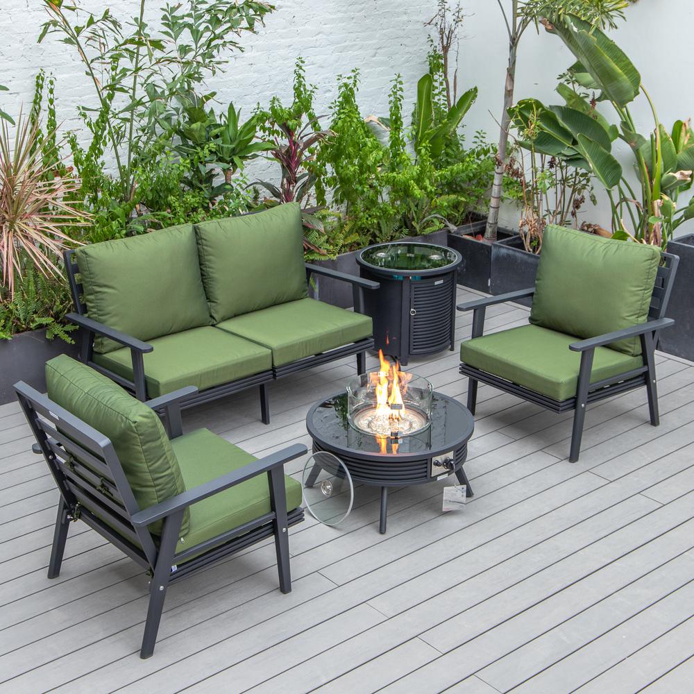 LeisureMod Walbrooke Modern Black Patio Conversation With Round Fire Pit With Slats Design & Tank Holder, Green. Picture 1