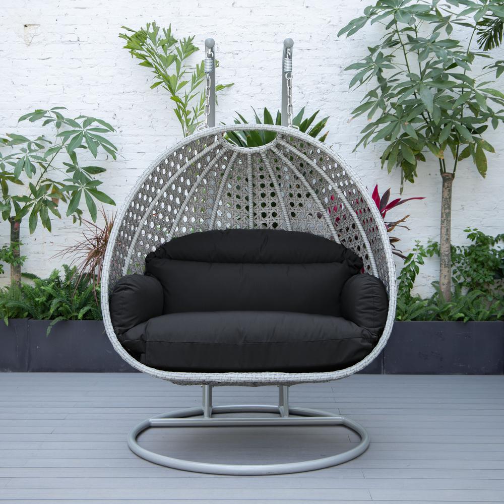 LeisureMod Wicker Hanging 2 person Egg Swing Chair in Dark Grey. Picture 4