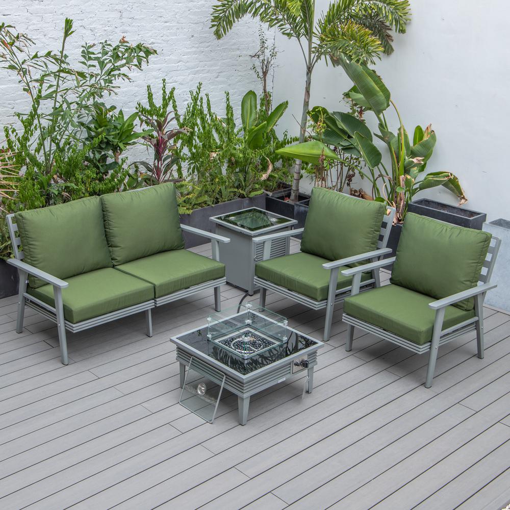 LeisureMod Walbrooke Modern Grey Patio Conversation With Square Fire Pit With Slats Design & Tank Holder, Green. Picture 8