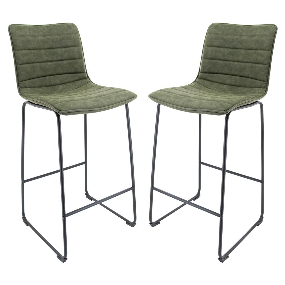 LeisureMod Brooklyn 29.9" Modern Leather Bar Stool With Black Iron Base & Footrest Set of 2 Olive Green. Picture 1