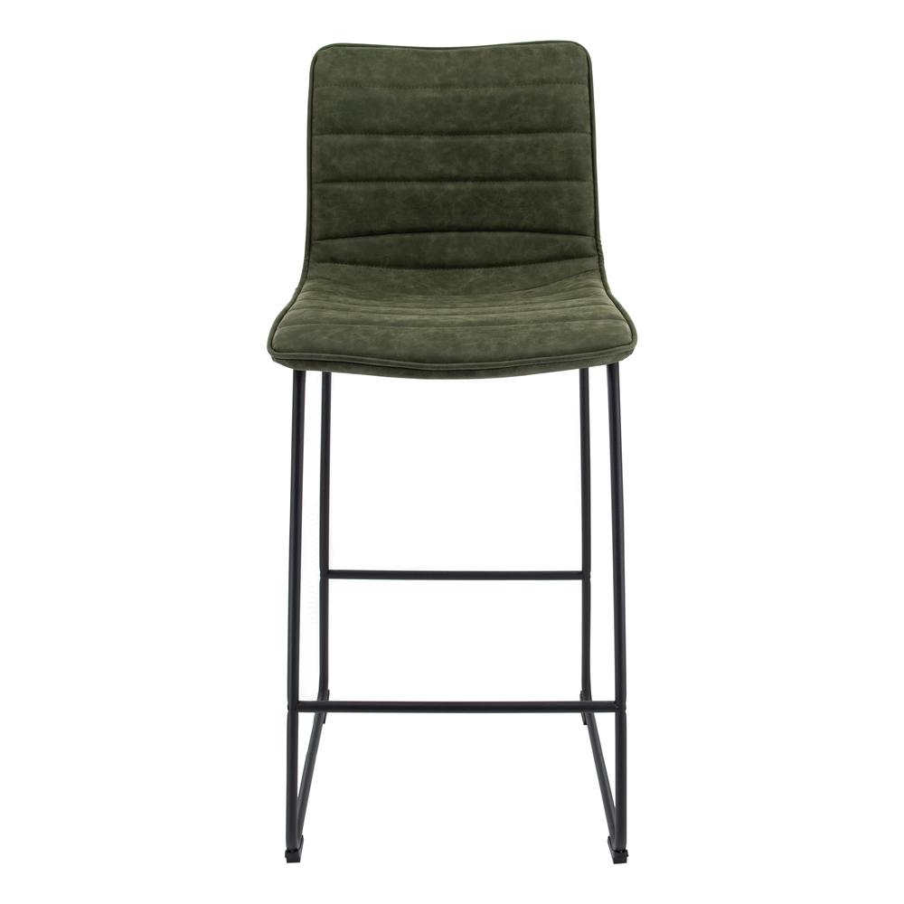 LeisureMod Brooklyn 29.9" Modern Leather Bar Stool With Black Iron Base & Footrest Set of 2 Olive Green. Picture 2
