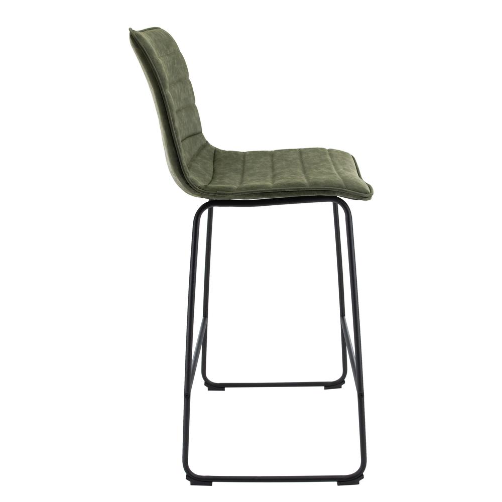 LeisureMod Brooklyn 29.9" Modern Leather Bar Stool With Black Iron Base & Footrest Set of 2 Olive Green. Picture 3