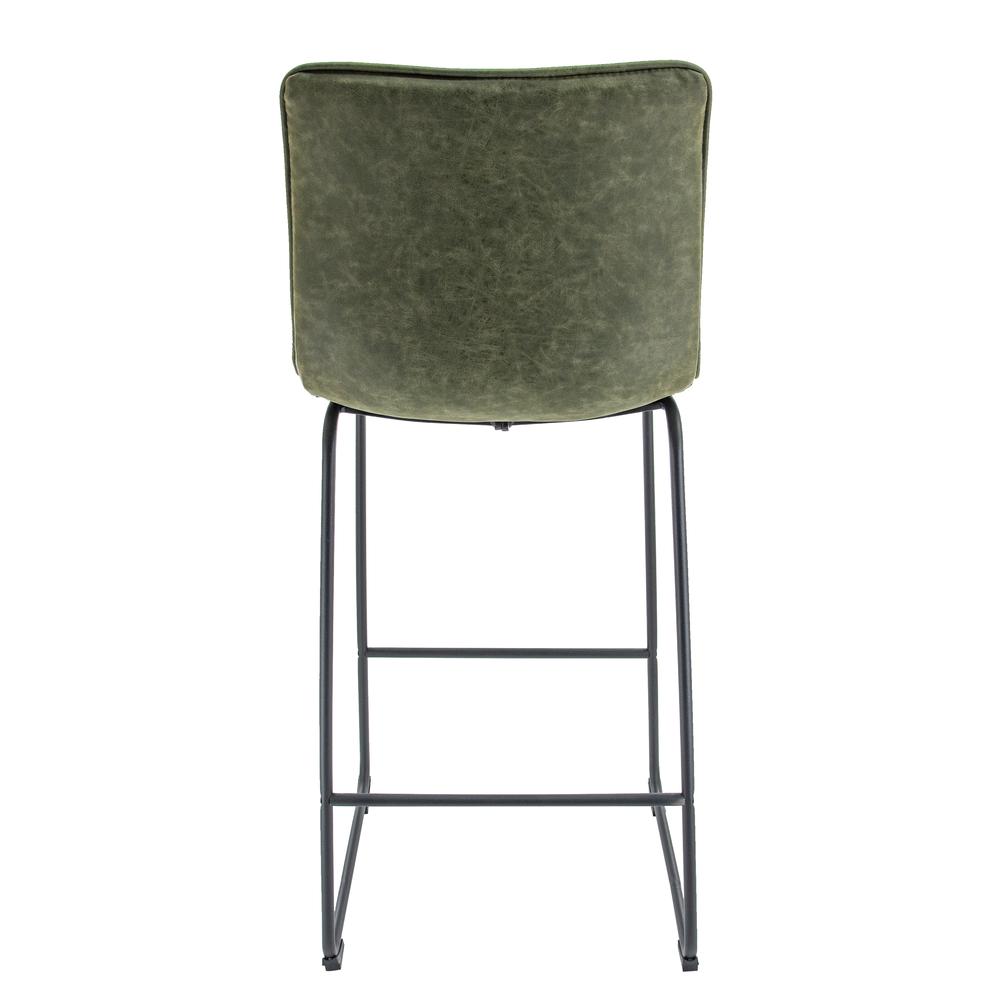 LeisureMod Brooklyn 29.9" Modern Leather Bar Stool With Black Iron Base & Footrest Set of 2 Olive Green. Picture 4