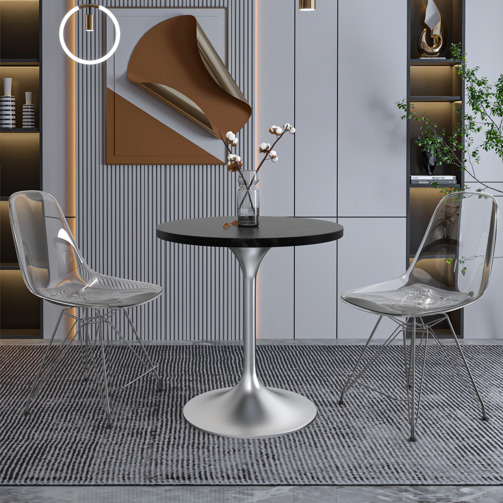 Verve 27" Round Dining Table, Brushed Chrome Base with Black MDF Top. Picture 7