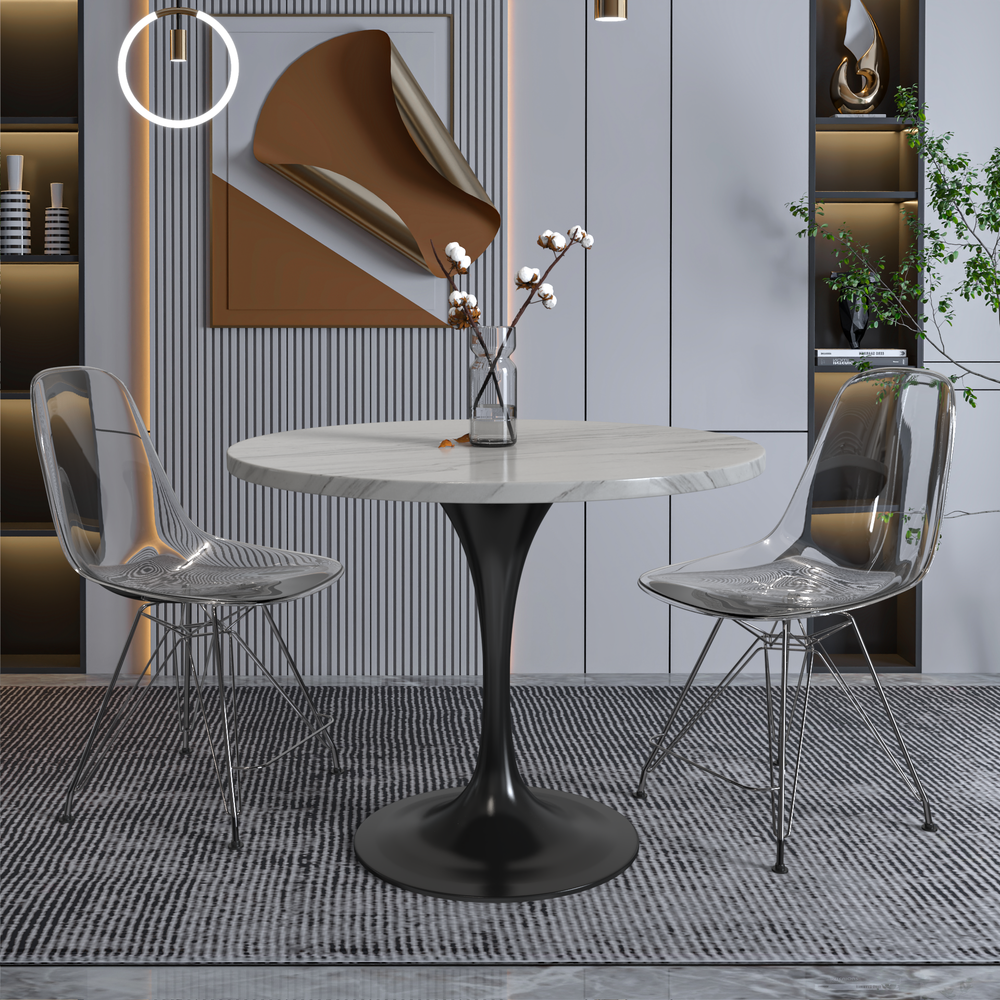 Verve 36 Round Dining Table, Black Base with Sintered Stone White Top. Picture 7