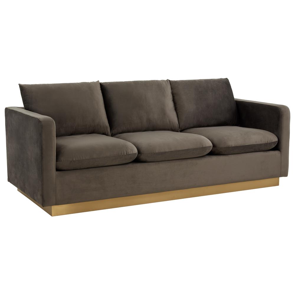 LeisureMod Nervo Modern Mid-Century Upholstered Velvet Sofa with Gold Frame, Dark Grey. Picture 3