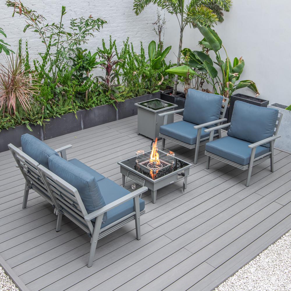 LeisureMod Walbrooke Modern Grey Patio Conversation With Square Fire Pit & Tank Holder, Navy Blue. Picture 9
