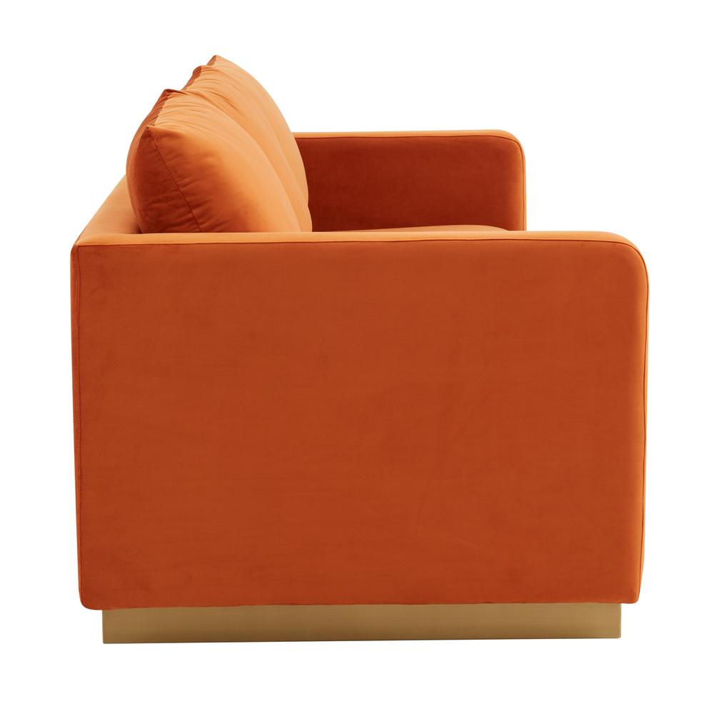 LeisureMod Nervo Modern Mid-Century Upholstered Velvet Sofa with Gold Frame, Orange Marmalade. Picture 3